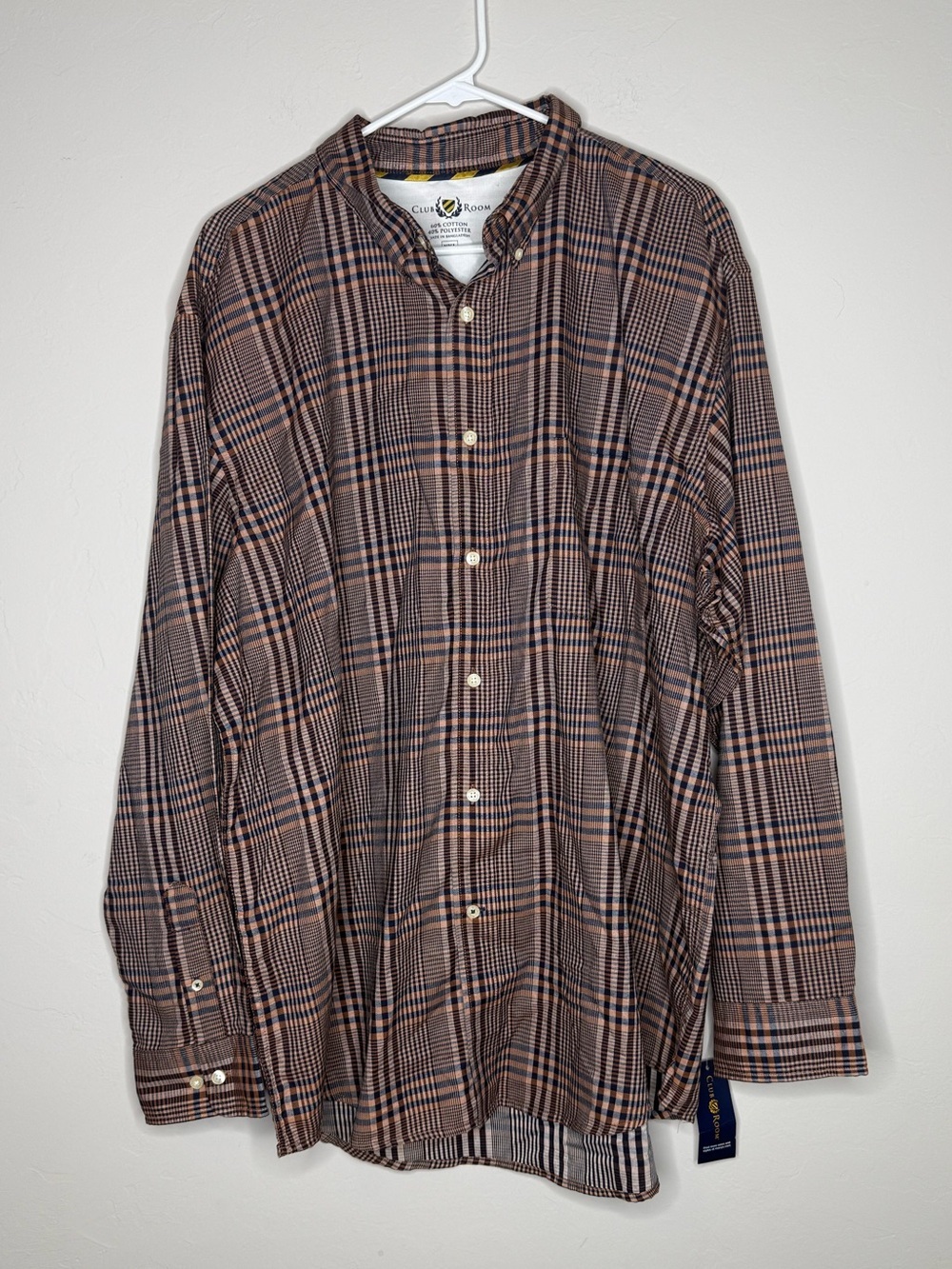 Club room men’s plaid button up dress shirt nwt XXL brown navy cotton poly